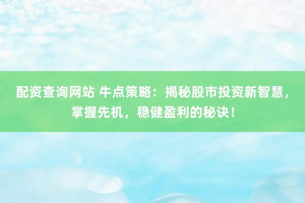 配资查询网站 牛点策略：揭秘股市投资新智慧，掌握先机，稳健盈利的秘诀！